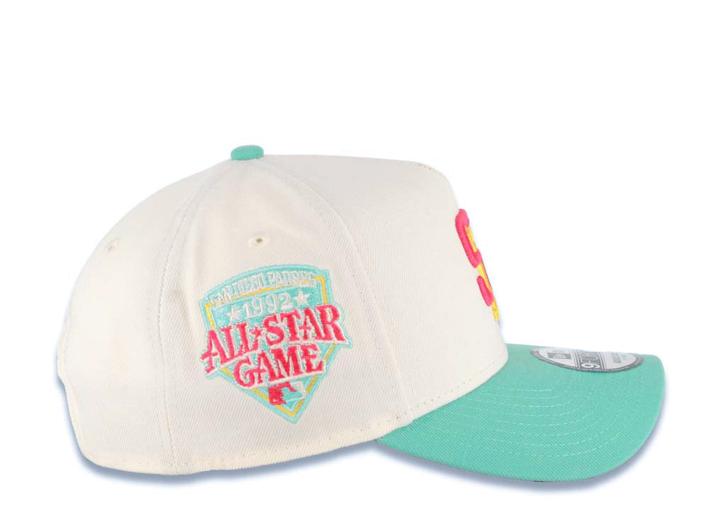 San Diego Padres New Era MLB 9FORTY 940 Adjustable A-Frame Cap Hat Cream Crown Light Teal Visor Magenta/Yellow Logo 1992 All-Star Game Side Patch
