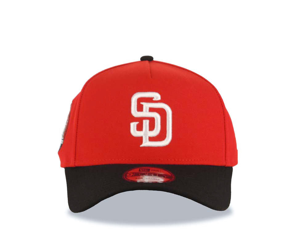 San Diego Padres New Era MLB 9FORTY 940 Adjustable A-Frame Cap Hat Red Crown Black Visor White Logo 20th Anniversary Petco Park Side Patch
