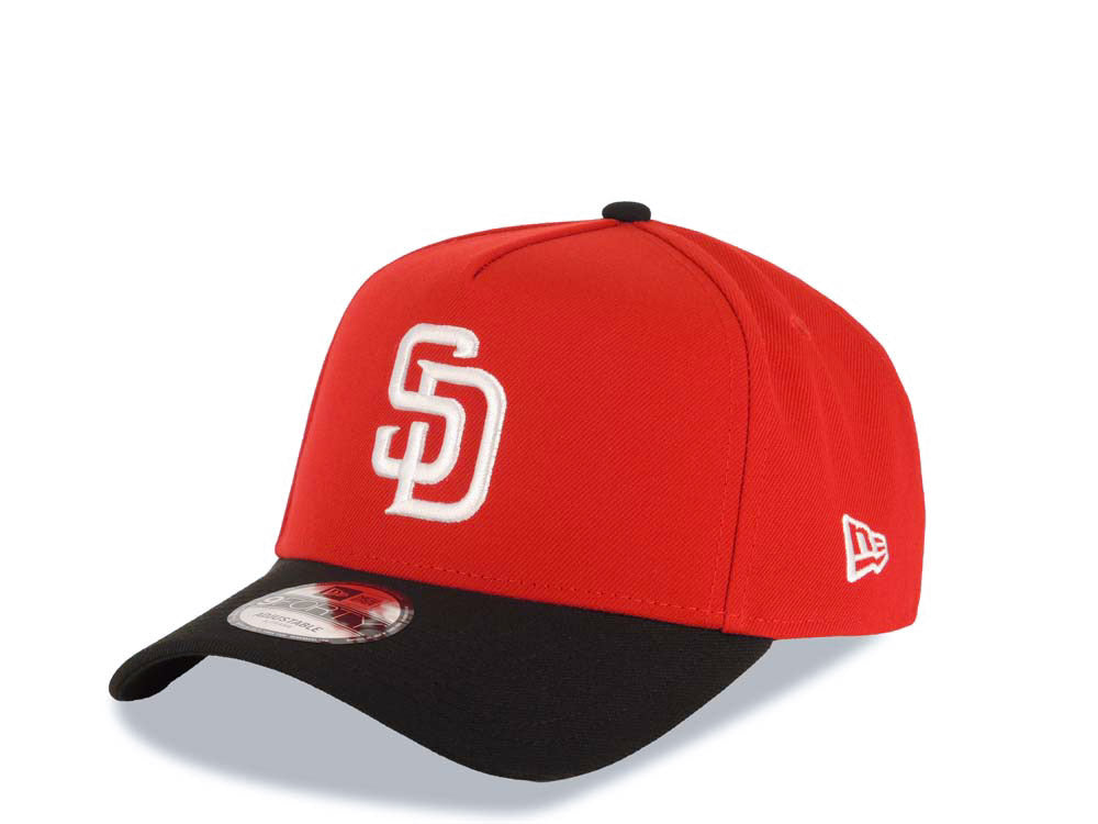 San Diego Padres New Era MLB 9FORTY 940 Adjustable A-Frame Cap Hat Red Crown Black Visor White Logo 20th Anniversary Petco Park Side Patch