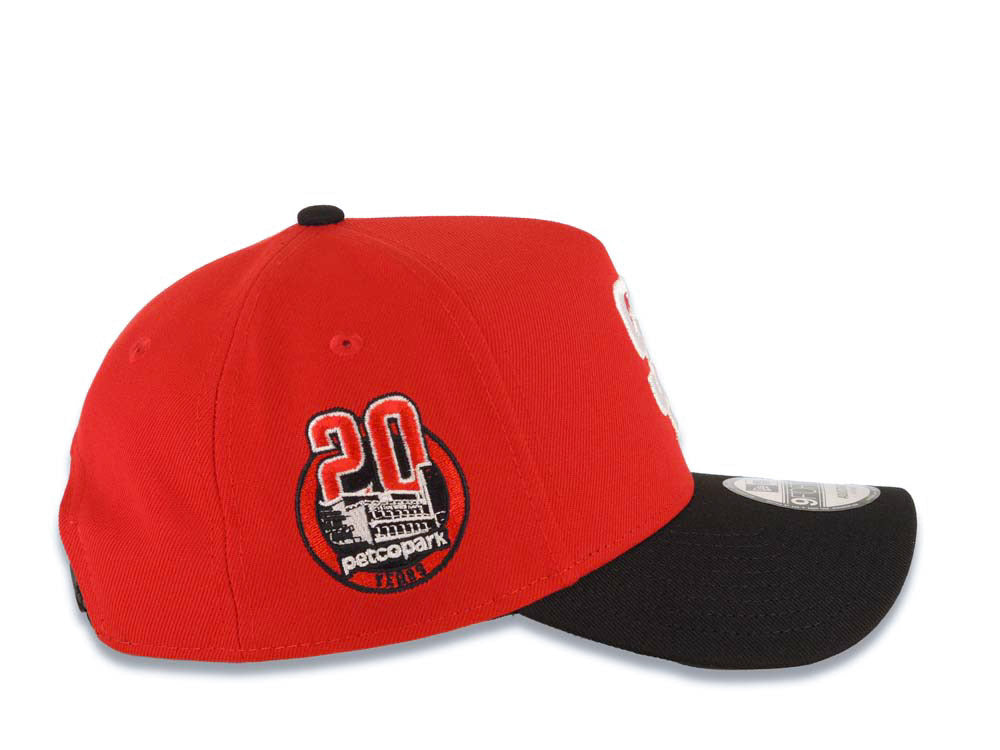 San Diego Padres New Era MLB 9FORTY 940 Adjustable A-Frame Cap Hat Red Crown Black Visor White Logo 20th Anniversary Petco Park Side Patch