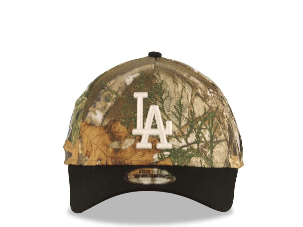 Los Angeles Dodgers New Era MLB 9FORTY 940 Adjustable A-Frame Cap Hat Real Tree Edge Camo Crown Black Visor White Logo 2024 World Series Champions Side Patch