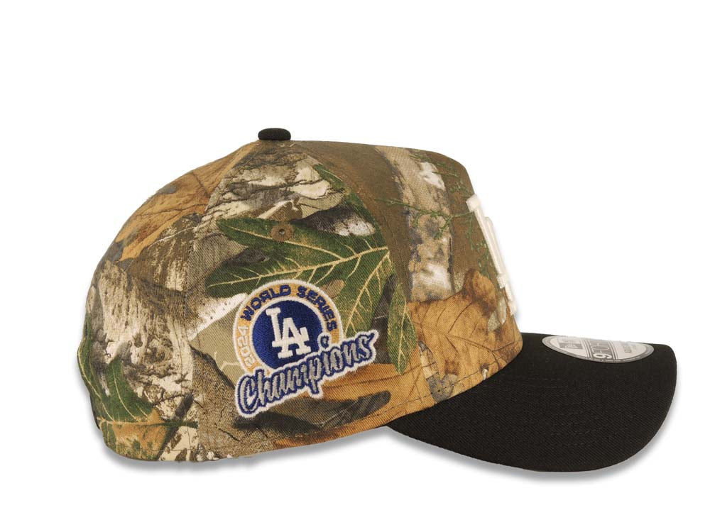 Los Angeles Dodgers New Era MLB 9FORTY 940 Adjustable A-Frame Cap Hat Real Tree Edge Camo Crown Black Visor White Logo 2024 World Series Champions Side Patch