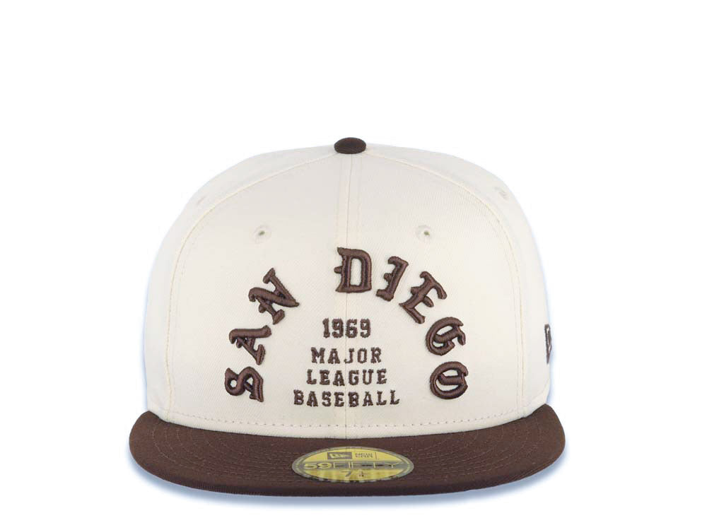 San Diego Padres New Era MLB 59FIFTY 5950 Fitted Cap Hat Cream Crown Brown Visor Brown Script Logo 1969 Major League Baseball Gray UV