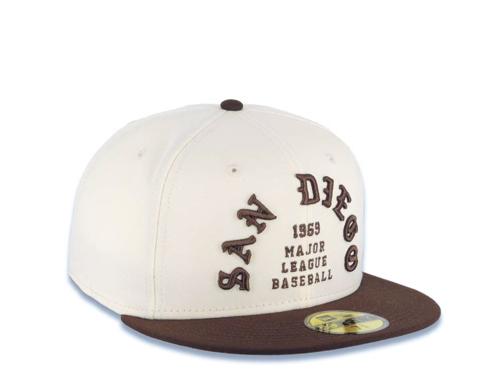 San Diego Padres New Era MLB 59FIFTY 5950 Fitted Cap Hat Cream Crown Brown Visor Brown Script Logo 1969 Major League Baseball Gray UV