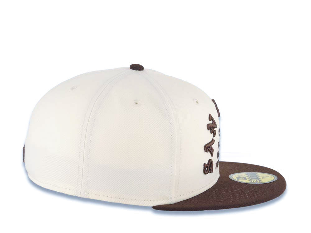 San Diego Padres New Era MLB 59FIFTY 5950 Fitted Cap Hat Cream Crown Brown Visor Brown Script Logo 1969 Major League Baseball Gray UV