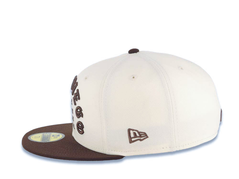San Diego Padres New Era MLB 59FIFTY 5950 Fitted Cap Hat Cream Crown Brown Visor Brown Script Logo 1969 Major League Baseball Gray UV