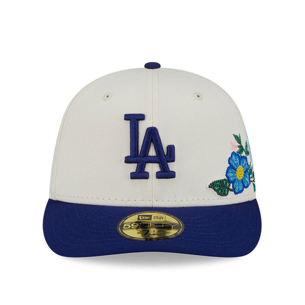Los Angeles Dodgers New Era MLB 59FIFTY 5950 Fitted Cap Hat Cream Crown Royal Blue Visor Royal Blue Logo Green UV (Tonal Florals)