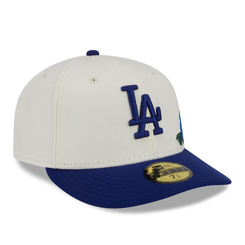 Los Angeles Dodgers New Era MLB 59FIFTY 5950 Fitted Cap Hat Cream Crown Royal Blue Visor Royal Blue Logo Green UV (Tonal Florals)