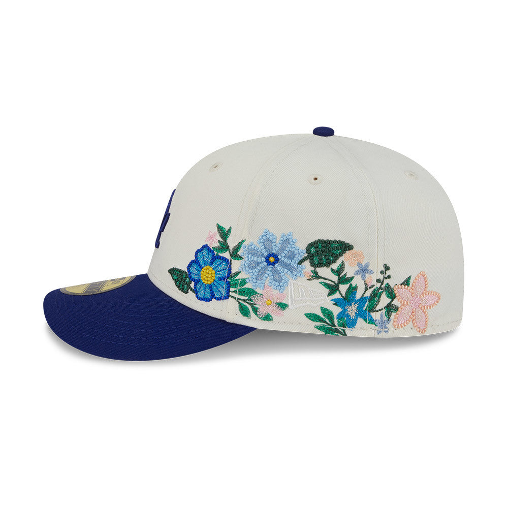 Los Angeles Dodgers New Era MLB 59FIFTY 5950 Fitted Cap Hat Cream Crown Royal Blue Visor Royal Blue Logo Green UV (Tonal Florals)