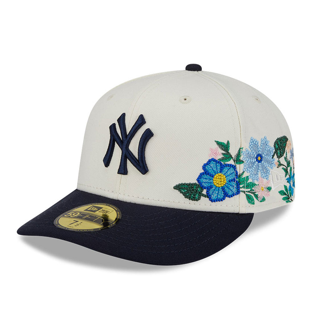 New York Yankees New Era MLB 59FIFTY 5950 Fitted Cap Hat Cream Crown Navy Blue Visor Navy Logo Green UV (Tonal Florals)