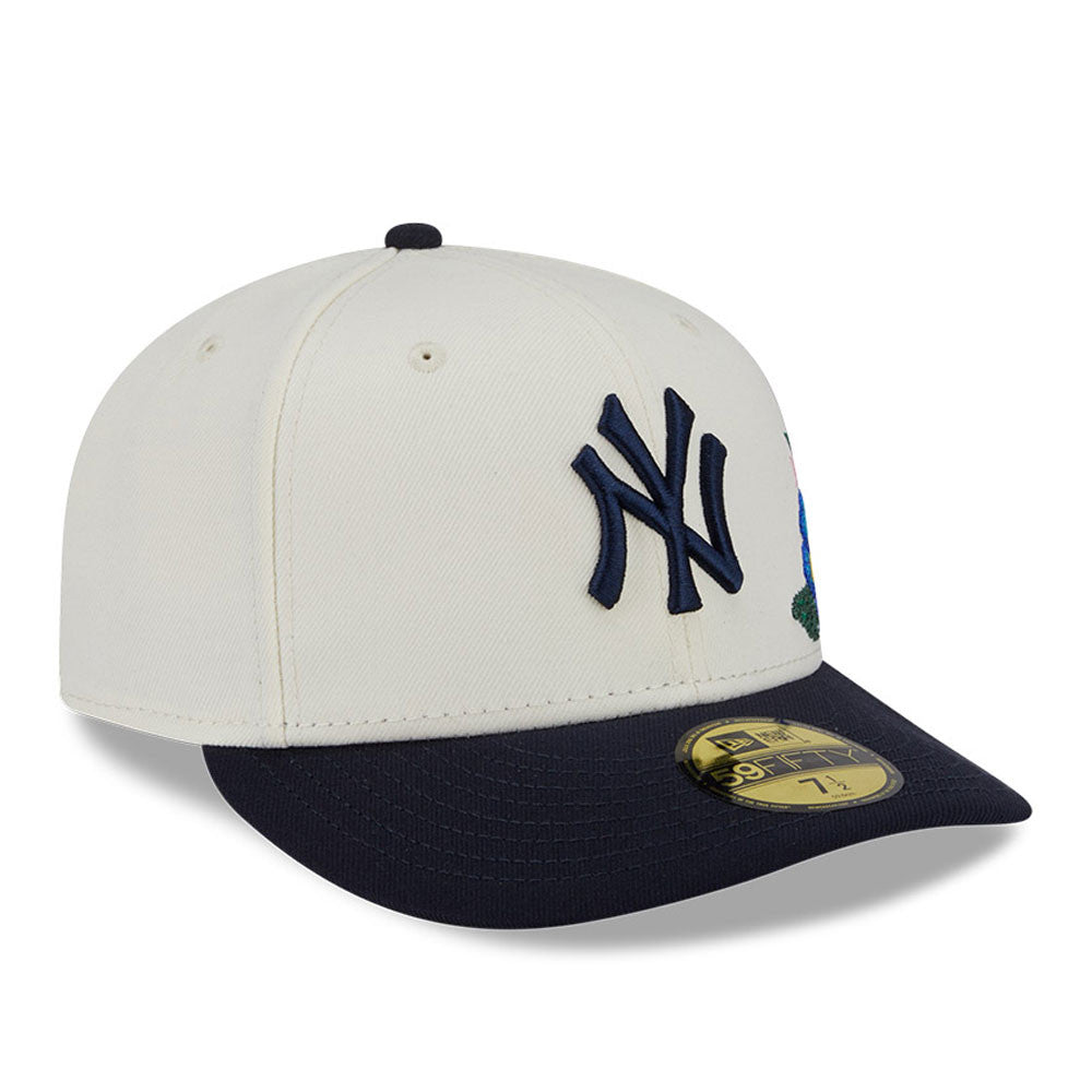 New York Yankees New Era MLB 59FIFTY 5950 Fitted Cap Hat Cream Crown Navy Blue Visor Navy Logo Green UV (Tonal Florals)