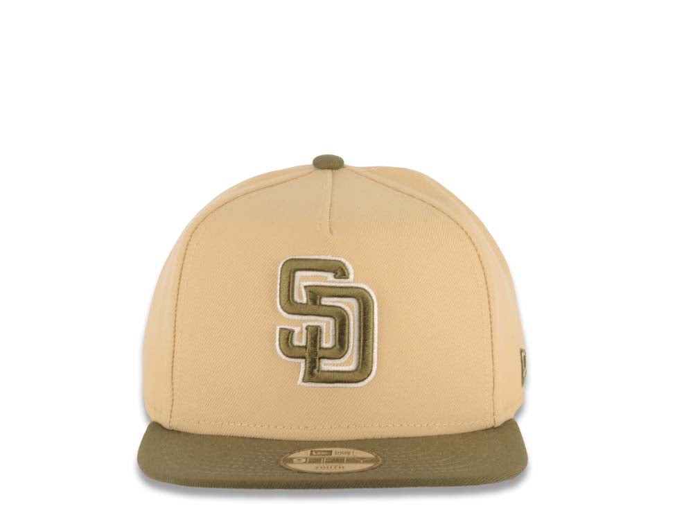 (Youth) San Diego Padres New Era MLB 9FIFTY 950 Snapback A-Frame Kid Cap Hat Khaki Crown Olive Green Visor Olive Green/White Logo