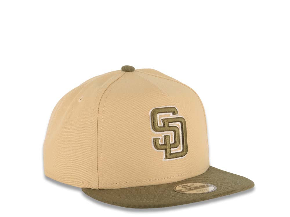 (Youth) San Diego Padres New Era MLB 9FIFTY 950 Snapback A-Frame Kid Cap Hat Khaki Crown Olive Green Visor Olive Green/White Logo