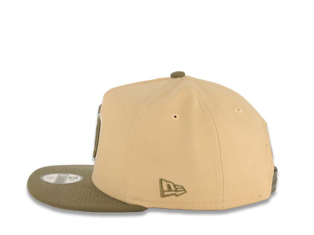 (Youth) San Diego Padres New Era MLB 9FIFTY 950 Snapback A-Frame Kid Cap Hat Khaki Crown Olive Green Visor Olive Green/White Logo