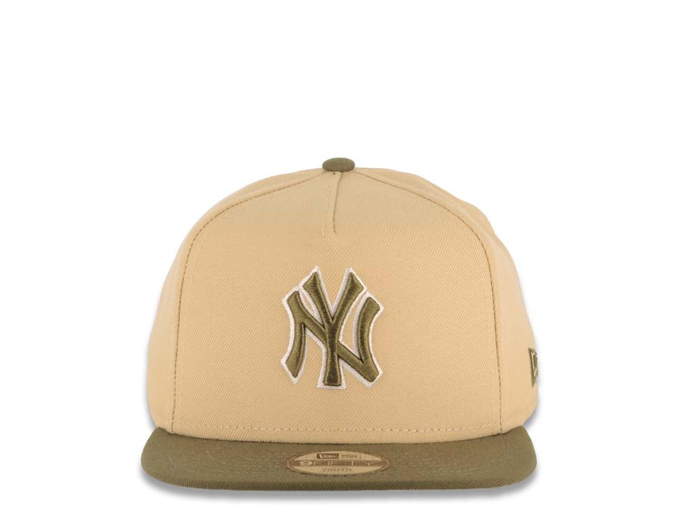 (Youth) New York Yankees New Era MLB 9FIFTY 950 Kid A-Frame Snapback Cap Hat Khaki Crown Olive Green Visor Olive Green/White Logo