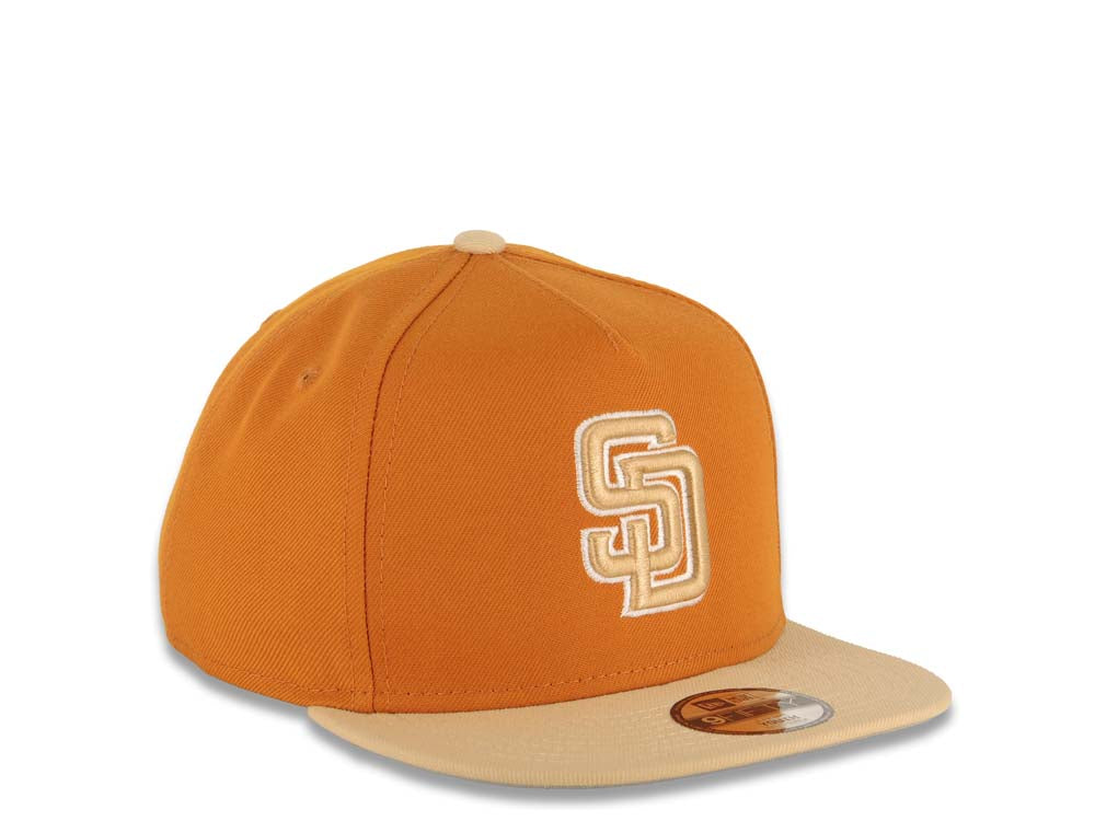 (Youth) San Diego Padres New Era MLB 9FIFTY 950 Kid Snapback A-Frame Cap Hat Light Brown Crown Khaki Visor Khaki/White Logo