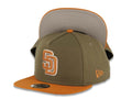 (Youth) San Diego Padres New Era MLB 9FIFTY 950 Snapback A-Frame Kid Cap Hat Olive Green Crown Light Brown Visor Light Brown/White Logo Gray UV