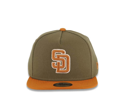 (Youth) San Diego Padres New Era MLB 9FIFTY 950 Snapback A-Frame Kid Cap Hat Olive Green Crown Light Brown Visor Light Brown/White Logo Gray UV
