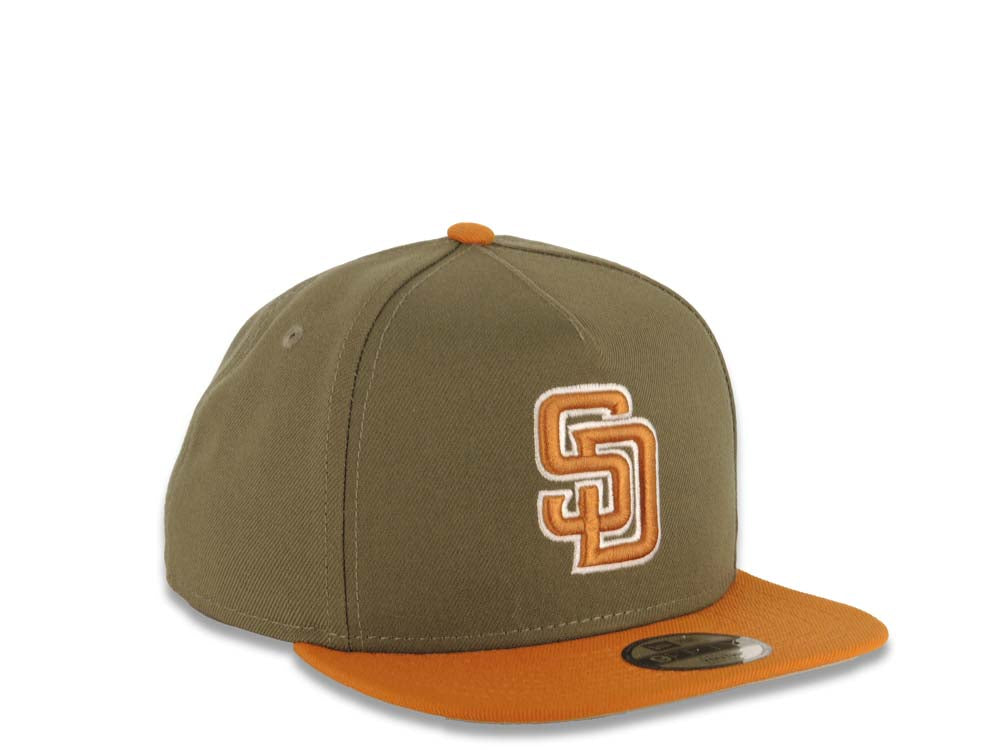 (Youth) San Diego Padres New Era MLB 9FIFTY 950 Snapback A-Frame Kid Cap Hat Olive Green Crown Light Brown Visor Light Brown/White Logo Gray UV