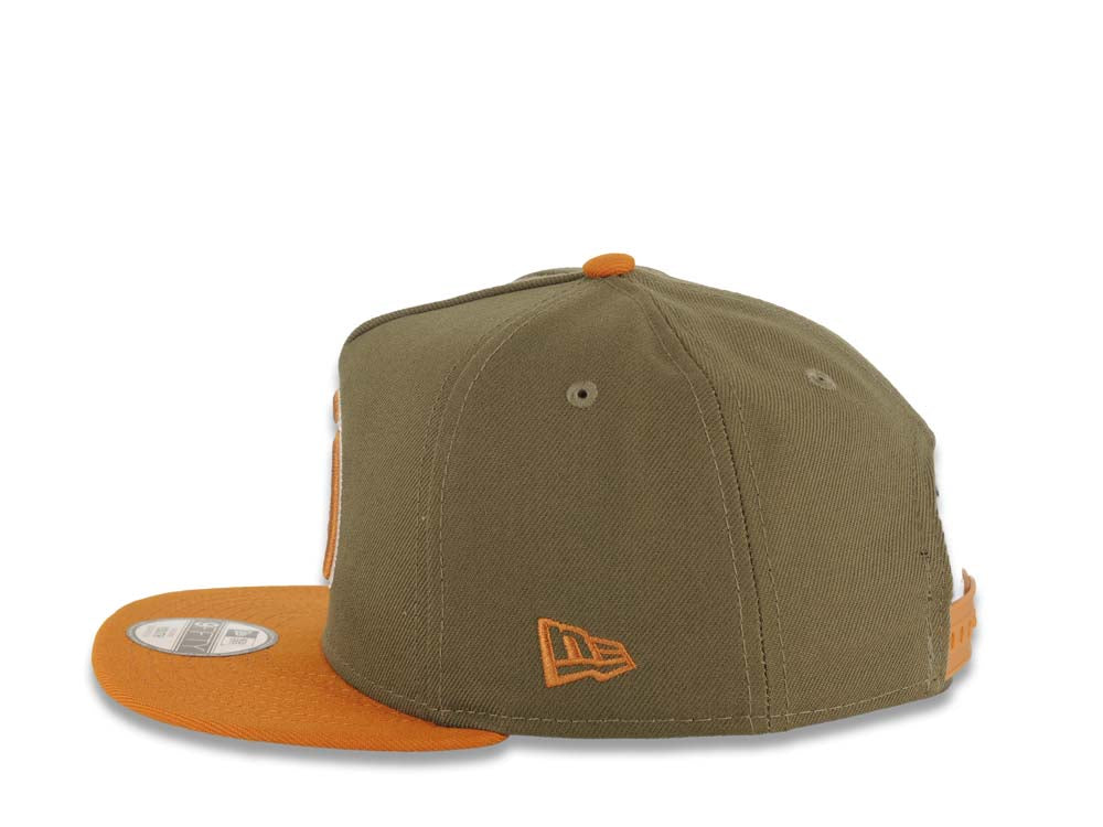 (Youth) San Diego Padres New Era MLB 9FIFTY 950 Snapback A-Frame Kid Cap Hat Olive Green Crown Light Brown Visor Light Brown/White Logo Gray UV