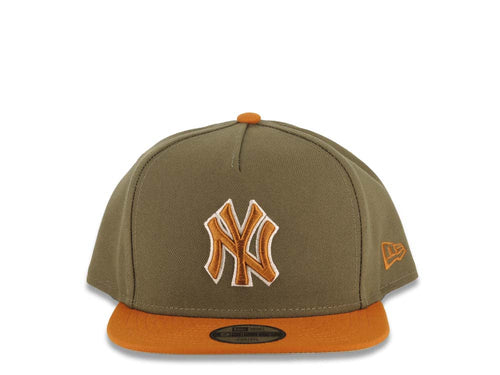 (Youth) New York Yankees New Era MLB 9FIFTY 950 Snapback Kid A-Frame Cap Hat Olive Green Crown Light Brown Visor Light Brown/White Logo Gray UV