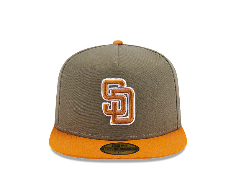 (Youth) San Diego Padres New Era MLB 59FIFTY 5950 Kid A-Frame Fitted Cap Hat Olive Green Crown Brown Visor Brown White Logo (2-Tone Color Pack)