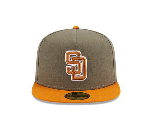 (Youth) San Diego Padres New Era MLB 59FIFTY 5950 Kid A-Frame Fitted Cap Hat Olive Green Crown Brown Visor Brown White Logo (2-Tone Color Pack)