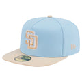 (Youth) San Diego Padres New Era MLB 59FIFTY 5950 Kid A-Frame Fitted Cap Hat Aqua Blue Crown Light Khaki Visor Khaki/White Logo (2-Tone Color Pack)