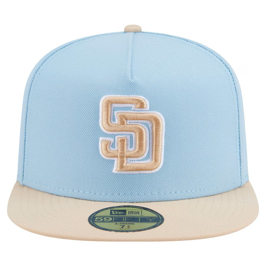 (Youth) San Diego Padres New Era MLB 59FIFTY 5950 Kid A-Frame Fitted Cap Hat Aqua Blue Crown Light Khaki Visor Khaki/White Logo (2-Tone Color Pack)
