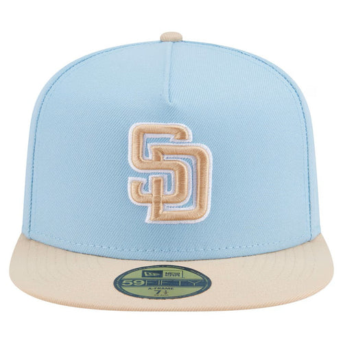 (Youth) San Diego Padres New Era MLB 59FIFTY 5950 Kid A-Frame Fitted Cap Hat Aqua Blue Crown Light Khaki Visor Khaki/White Logo (2-Tone Color Pack)