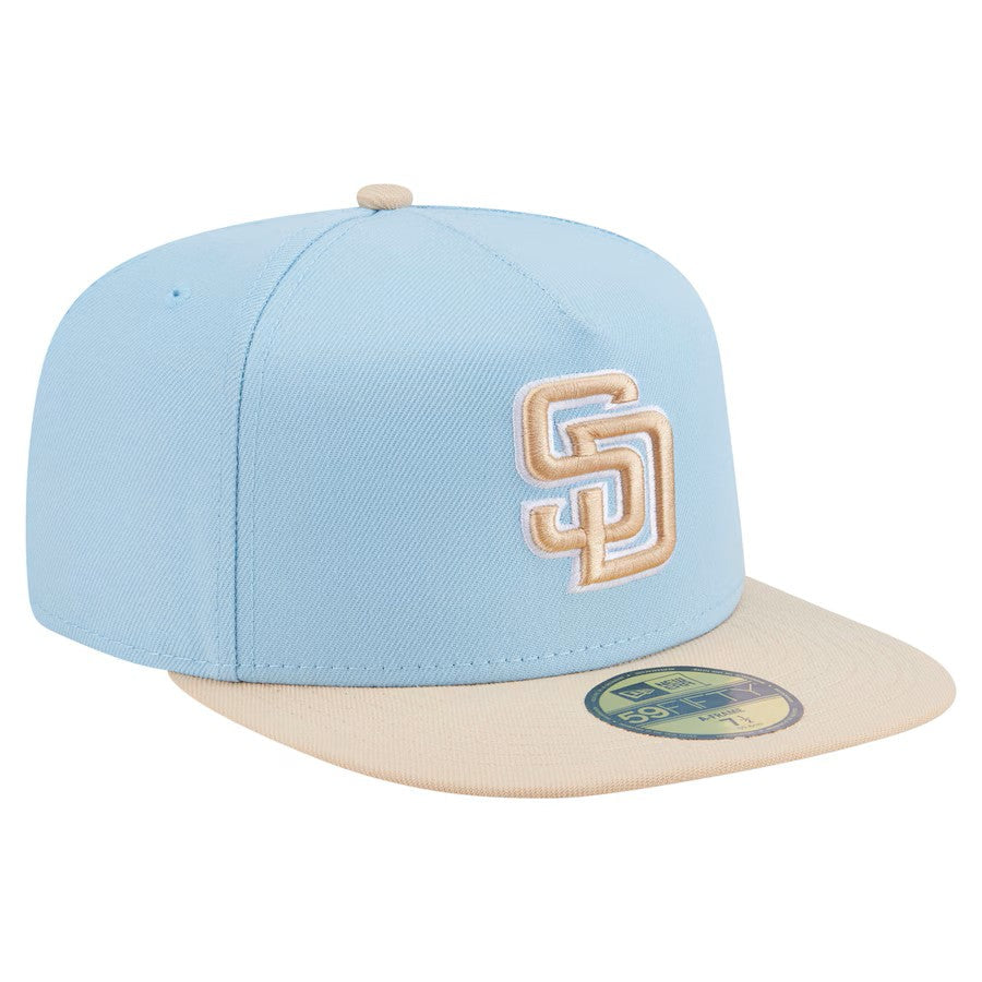 (Youth) San Diego Padres New Era MLB 59FIFTY 5950 Kid A-Frame Fitted Cap Hat Aqua Blue Crown Light Khaki Visor Khaki/White Logo (2-Tone Color Pack)