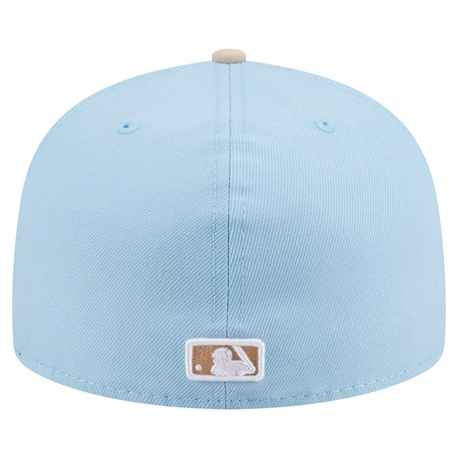 (Youth) San Diego Padres New Era MLB 59FIFTY 5950 Kid A-Frame Fitted Cap Hat Aqua Blue Crown Light Khaki Visor Khaki/White Logo (2-Tone Color Pack)