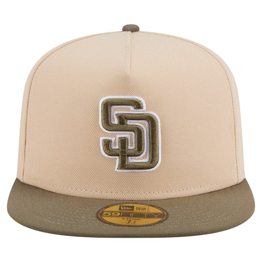 (Youth) San Diego Padres New Era MLB 59FIFTY 5950 Kid A-Frame Fitted Cap Hat Light Khaki Crown Olive Green Visor Green/White Logo (2-Tone Color Pack)