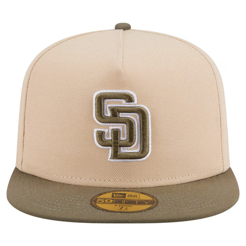 (Youth) San Diego Padres New Era MLB 59FIFTY 5950 Kid A-Frame Fitted Cap Hat Light Khaki Crown Olive Green Visor Green/White Logo (2-Tone Color Pack)