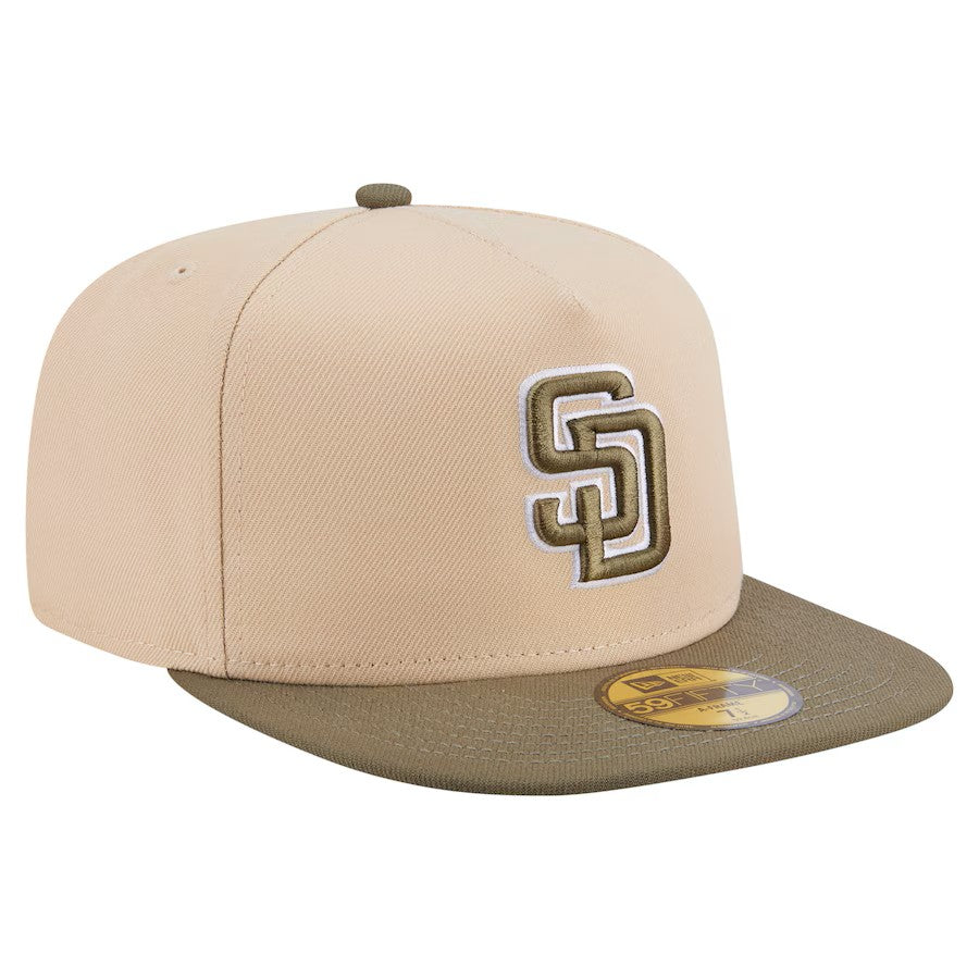(Youth) San Diego Padres New Era MLB 59FIFTY 5950 Kid A-Frame Fitted Cap Hat Light Khaki Crown Olive Green Visor Green/White Logo (2-Tone Color Pack)