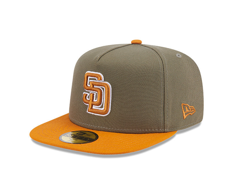 San Diego Padres New Era MLB 59FIFTY 5950 A-Frame Fitted Cap Hat Olive Green Crown Brown Visor Brown/White Logo (2-Tone Color Pack)