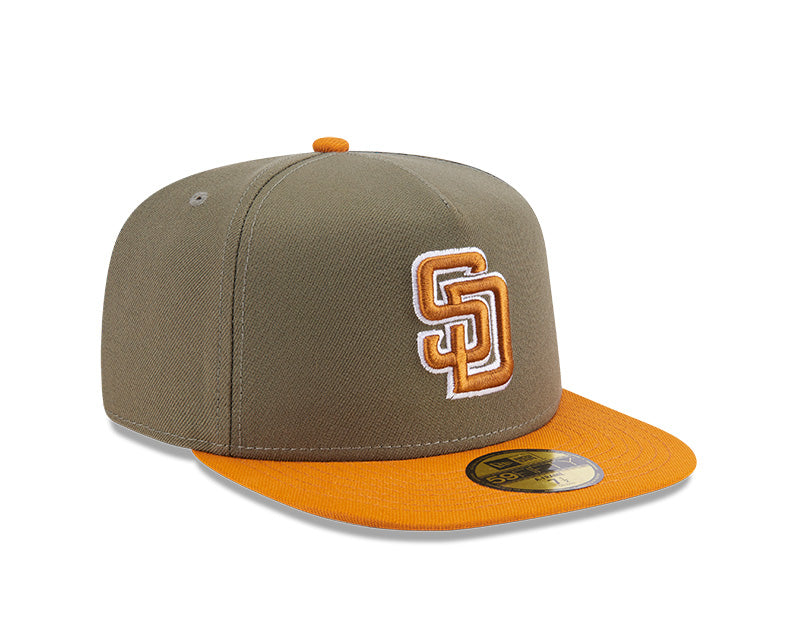 San Diego Padres New Era MLB 59FIFTY 5950 A-Frame Fitted Cap Hat Olive Green Crown Brown Visor Brown/White Logo (2-Tone Color Pack)