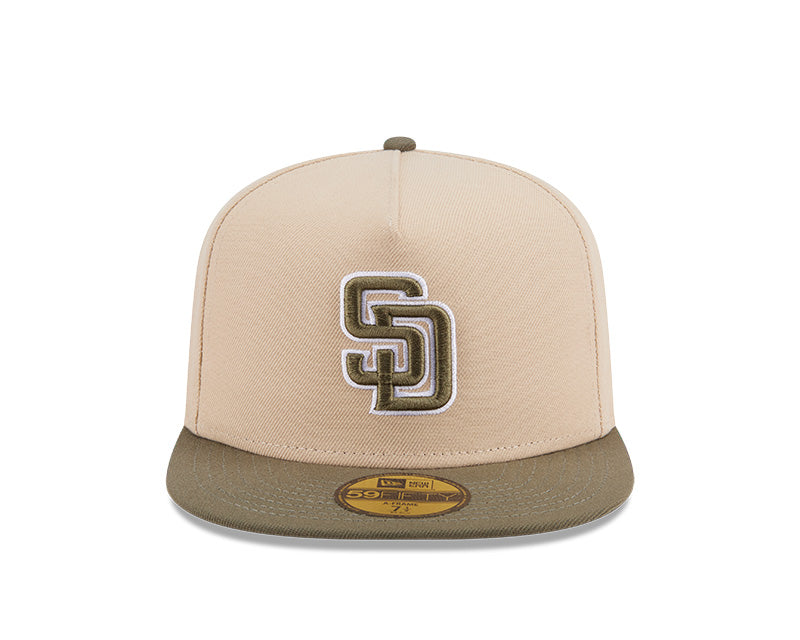 San Diego Padres New Era MLB 59FIFTY 5950 Fitted A-Frame Cap Hat Light Khaki Crown Olive Green Visor Green/White Logo (2-Tone Color Pack)