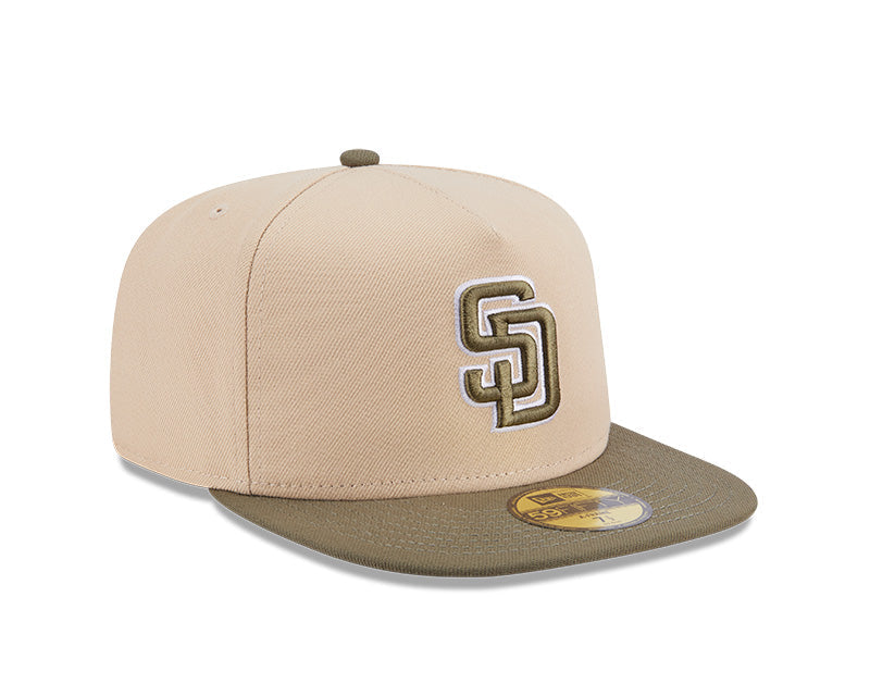 San Diego Padres New Era MLB 59FIFTY 5950 Fitted A-Frame Cap Hat Light Khaki Crown Olive Green Visor Green/White Logo (2-Tone Color Pack)