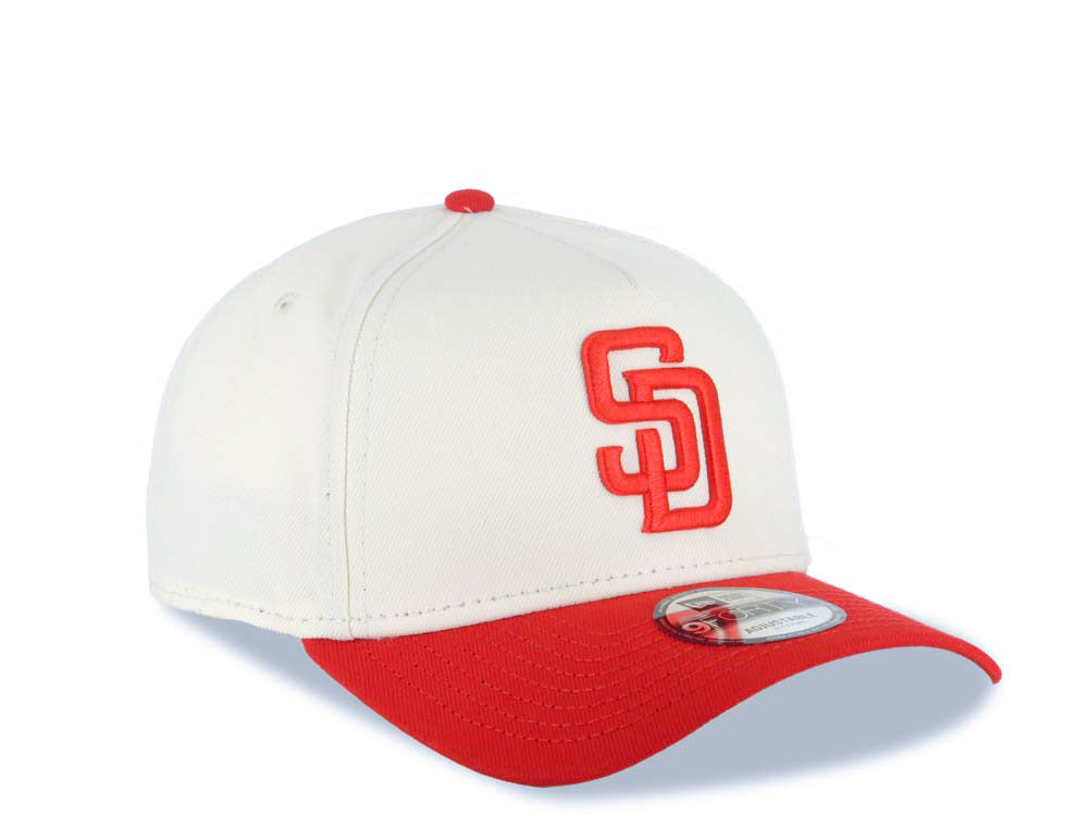 San Diego Padres New Era MLB 9FORTY 940 Adjustable A-Frame Cap Hat Cream Crown Red Visor Red Logo Gray UV