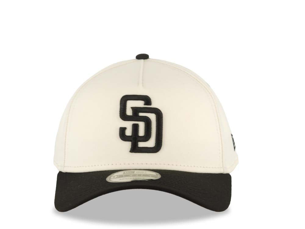 San Diego Padres New Era MLB 9FORTY 940 Adjustable A-Frame Cap Hat Cream Crown Black Visor Black Logo Gray UV