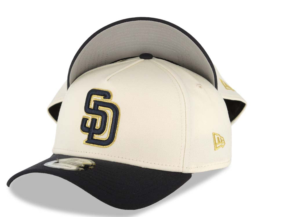 San Diego Padres New Era MLB 9FORTY 940 Adjustable A-Frame Cap Hat Cream Crown Navy Blue Visor Navy Blue/Metallic Gold Logo Gray UV