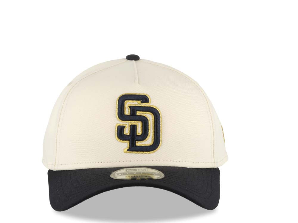 San Diego Padres New Era MLB 9FORTY 940 Adjustable A-Frame Cap Hat Cream Crown Navy Blue Visor Navy Blue/Metallic Gold Logo Gray UV
