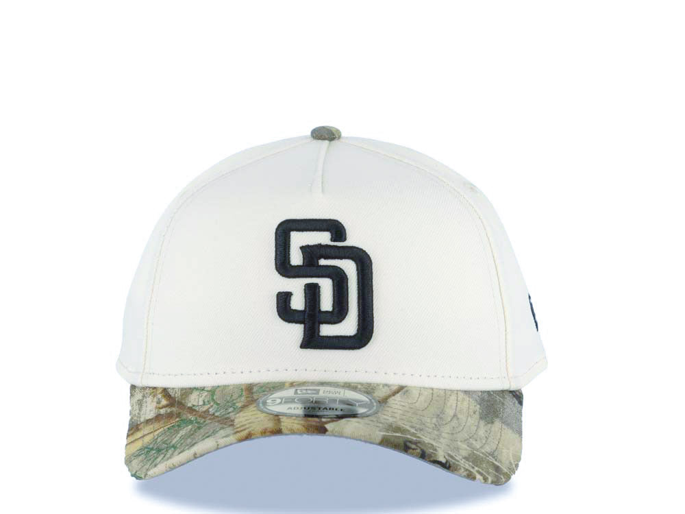 San Diego Padres New Era MLB 9FORTY 940 Adjustable A-Frame Cap Hat Cream Crown Real Tree Edge Camo Visor Black Logo
