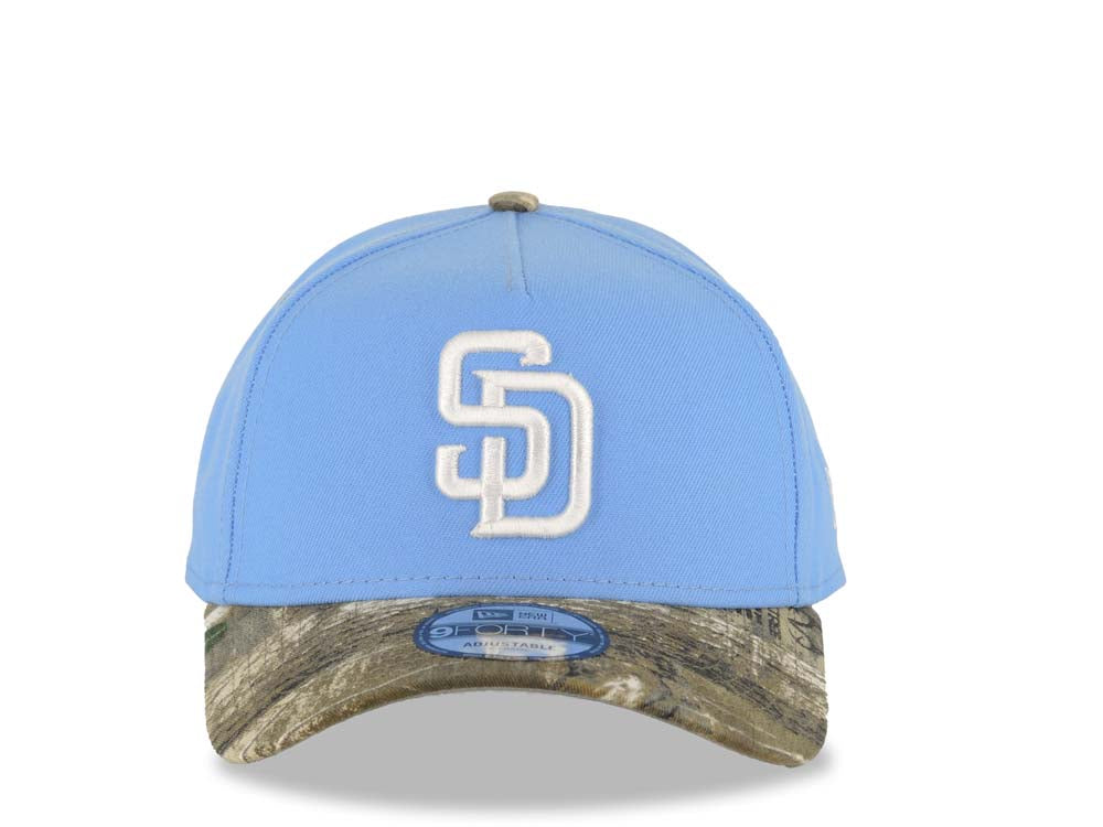 San Diego Padres New Era MLB 9FORTY 940 Adjustable A-Frame Cap Hat Sky Blue Crown Real Tree Edge Camo Visor White Logo Gray UV