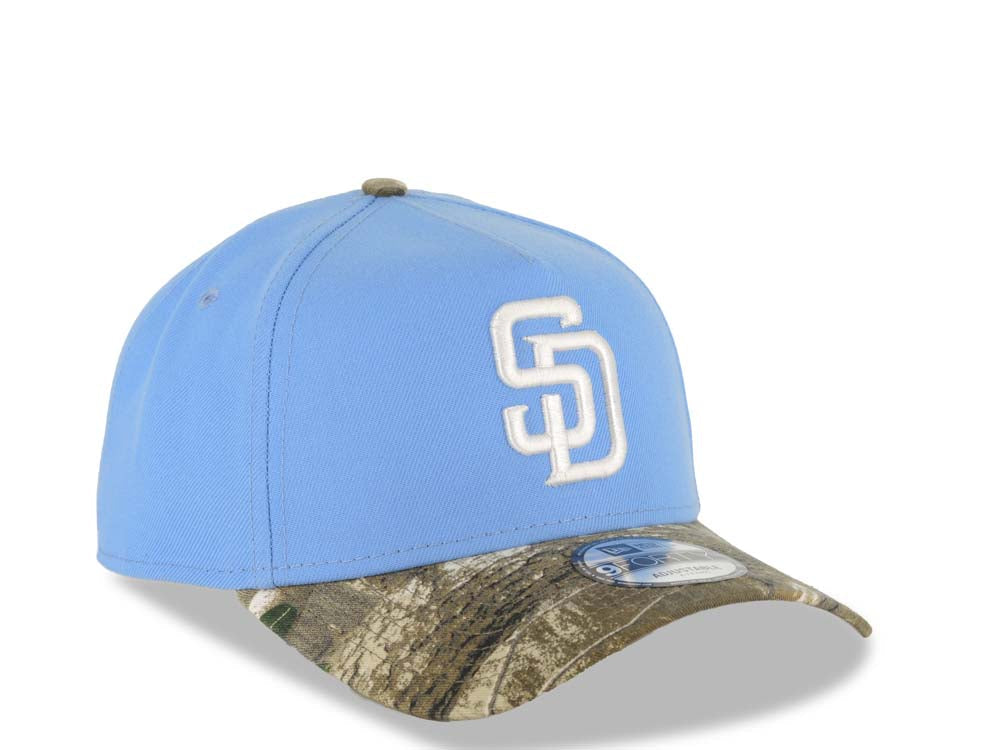San Diego Padres New Era MLB 9FORTY 940 Adjustable A-Frame Cap Hat Sky Blue Crown Real Tree Edge Camo Visor White Logo Gray UV