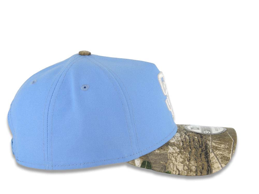 San Diego Padres New Era MLB 9FORTY 940 Adjustable A-Frame Cap Hat Sky Blue Crown Real Tree Edge Camo Visor White Logo Gray UV