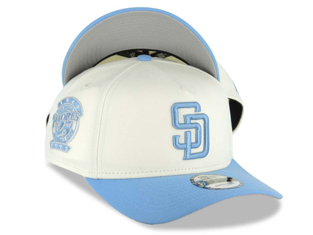 San Diego Padres New Era MLB 9FORTY 940 Adjustable A-Frame Cap Hat Cream Crown Sky Blue Visor Sky Blue Logo 25th Anniversary Side Patch Gray UV