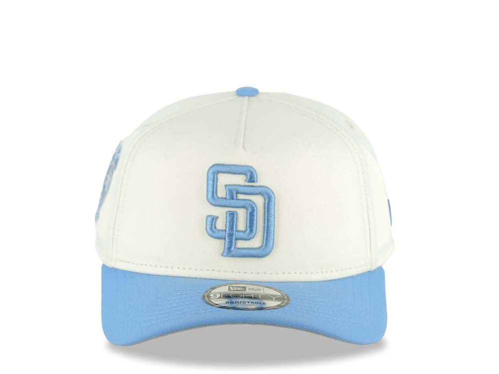San Diego Padres New Era MLB 9FORTY 940 Adjustable A-Frame Cap Hat Cream Crown Sky Blue Visor Sky Blue Logo 25th Anniversary Side Patch Gray UV