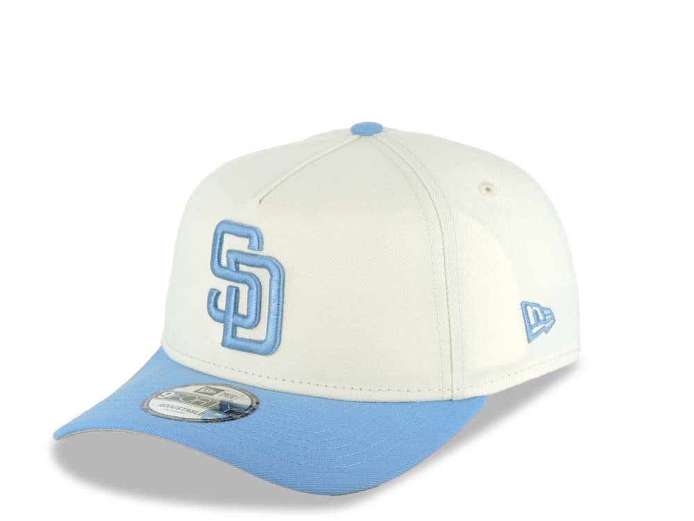 San Diego Padres New Era MLB 9FORTY 940 Adjustable A-Frame Cap Hat Cream Crown Sky Blue Visor Sky Blue Logo 25th Anniversary Side Patch Gray UV